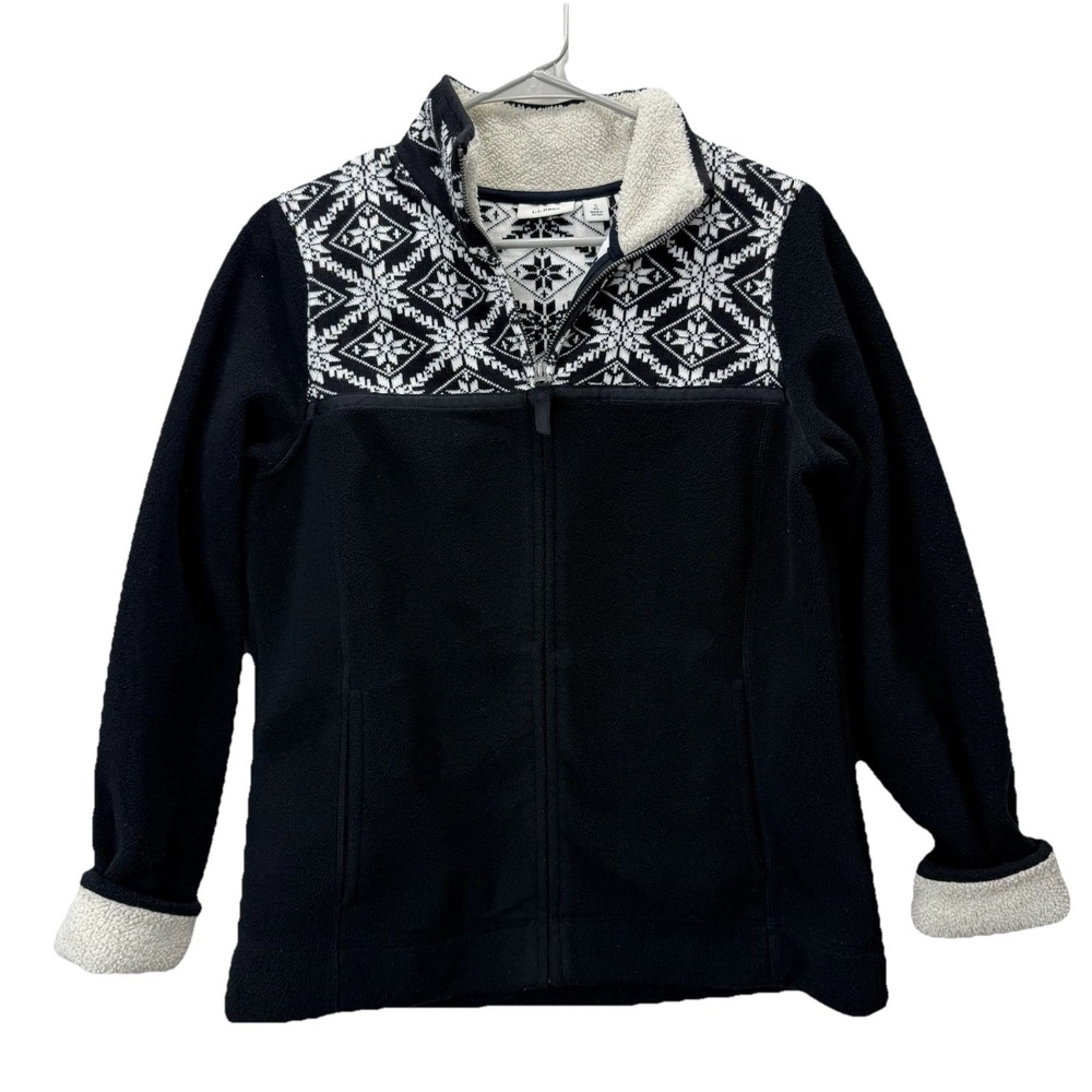 LL Bean Black White Fair Isle Full Zip Sweater Fleece Jacket Pockets Size SMALL